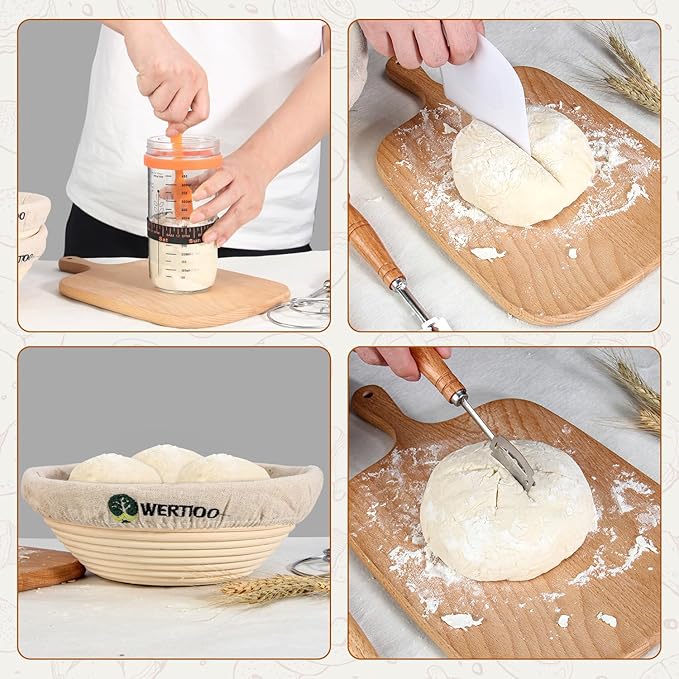 Sourdough Bread Baking Supplies, Sourdough Starter Kit, 2 9 Inch Round Banneton Bread Proofing Basket with 24 Oz Glass Jar, Sour Dough Tools with Danish Dough Whisk & Scraper