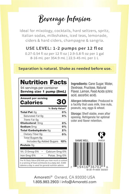 Amoretti - Lemonade Beverage Infusion Drink Mix & Water Enhancer with Pump for Flavoring Cocktails, Waters, Teas, and other Beverages, 94 Servings Per Bottle (750 ml), Preservative Free
