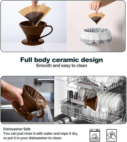 Pour Over Coffee Dripper - Ceramic Pour Over Coffee Maker Cone, Porcelain Coffee Drip, Pour Over Single Cup, Manual Brew Maker for Home, Cafe, Office - 1-4Cup, V60 Size 02 (Brown)