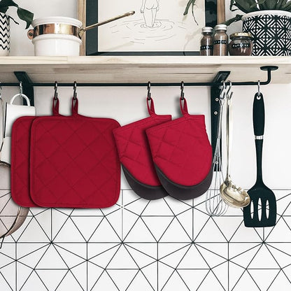 Oven Mitts and Pot Holders Set, Pack of 4, Heat Resistant Silicone Kitchen Mini Oven Mittens for 500 Degrees, Mini Oven Gloves and Hot Pads for Baking Grilling Barbecue Microwave Machine Washable