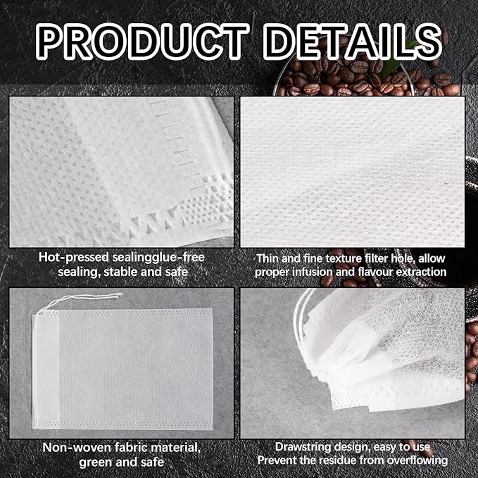150 Pcs Cold Brew Bags 4x6 inch, No Mess Disposable Cold Brew Coffee Filter Pouches with Drawstring Large Empty Tea Bag for Loose Leaf Tea, Iced Coffee, Herbs, Spice, Home brewing, Hot pot