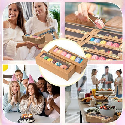 Sherr 100 Pcs Brown Macaron Boxes with Window, Cookies Boxes with 200 Pcs Stickers Long Bakery & Dessert Gifts Containers for Donuts, Pastry, Chocolate Covered Strawberry