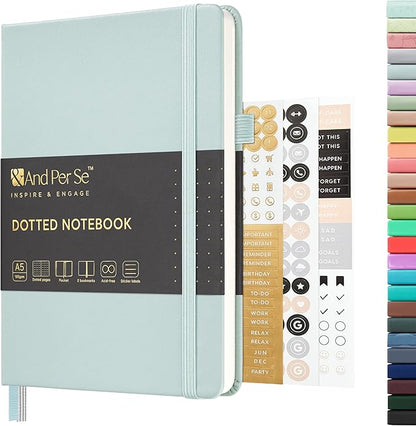 &And Per Se Dotted Journal Notebook, A5 Hardcover Leather Bullet Dotted Journal, 160 Pages 100 gsm Thick Dotted Paper，3 Sheets of Stickers Included - 5.7'' x 8''（Cyan）
