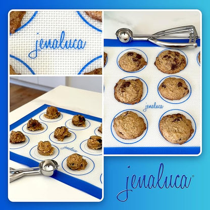 Jenaluca Silicone Baking Mats 2 Pack - Non-Stick Mats with Cookie Measurements Reusable Food Grade Silicone for Cookies, Pastries & Meal Preparation - Non Slip - 16.5 x 11.6