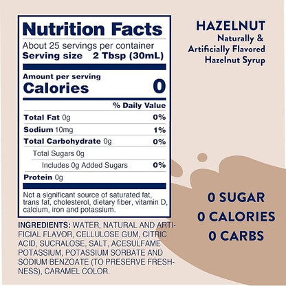 Jordan's Skinny Syrups Sugar Free Coffee Syrup, Hazlenut Flavor Drink Mix, Zero Calorie Flavoring for Chai Latte, Protein Shake, Food and More, Gluten Free, Keto Friendly, 25.4 Fl Oz, 1 Pack