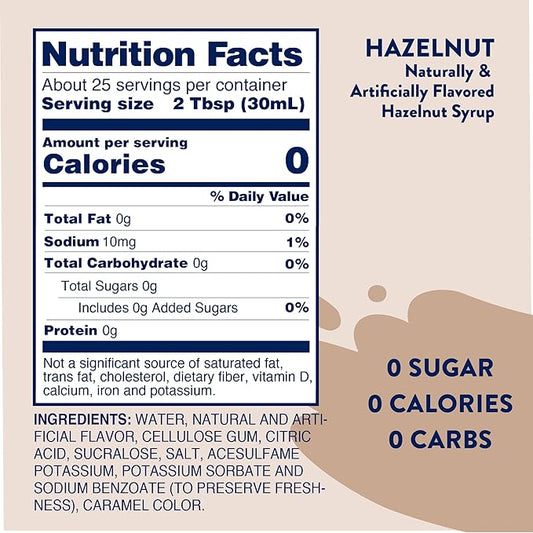 Jordan's Skinny Syrups Sugar Free Coffee Syrup, Hazlenut Flavor Drink Mix, Zero Calorie Flavoring for Chai Latte, Protein Shake, Food and More, Gluten Free, Keto Friendly, 25.4 Fl Oz, 1 Pack