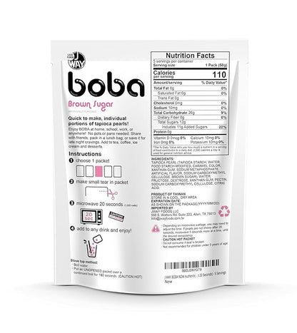 J WAY BOBA Authentic Instant Tapioca Boba Pearls for Milk Tea, Smoothies and Desserts, Brown Sugar Flavor (Ready in Just 20 Seconds) - 5 Servings