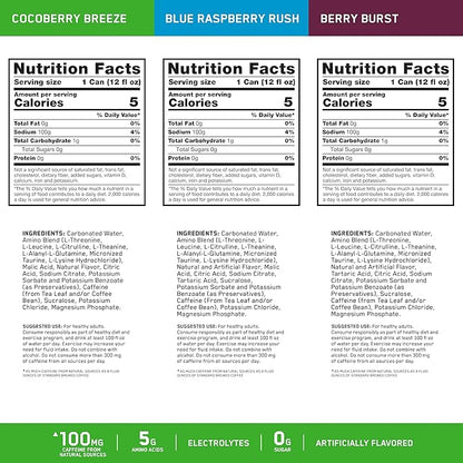 Optimum Nutrition Amino Energy Sparkling Hydration Drink, Electrolytes, Caffeine, Amino Acids, BCAAs, Sugar Free, 12 Fl Oz, Berry Variety Pack of 12 (Packaging May Vary)