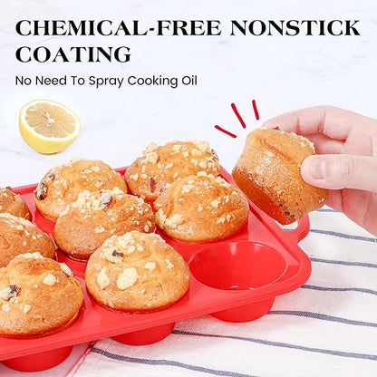 Regular 12 Cup and Mini 24 Cup Nonstick Cupcake Pan Set Silicone Muffin Pan for Baking Silicone Cupcake Mold with Metal Reinforced Frame BPA Free (2 Pcs, Red)