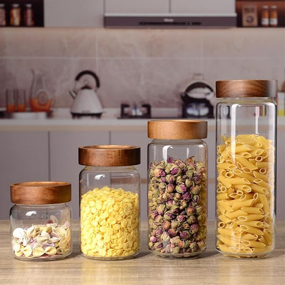 24 oz/710 ml Glass Jar with Airtight Wooden Screw Top Lid, Clear Stackable Food Storage Canister, Medium Cute Decorative Glass Container for Coffee, Candy, Cookie, Sugar, Oatmeal, Salt, Spice