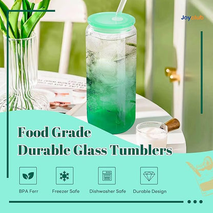 Joyclub 20oz Glass Cups with Acrylic Lids and Straws 12 Set Can Shaped Glass Iced Coffee Cups with Lids, Gradient Drinking Glasses Cute Tumbler Cup Great for Smoothie Soda Boba Tea Cocktail Beer Gift