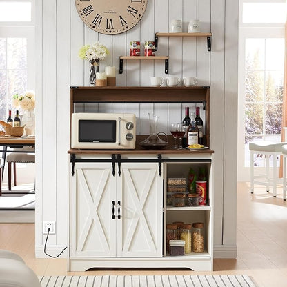 Wnutrees Farmhouse Coffee Bar Cabinet with Charging Station and USB Ports, Sliding Barn Door, 43" Kitchen Hutch Sideboard Buffet Storage Cabinet, Fits Kitchen Dining Living Room, White
