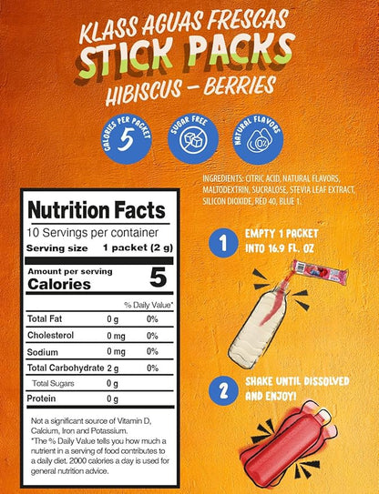 Klass Aguas Frescas | Drink Mix Hibiscus Berries | Sugar Free! (40 Count Powder Stick Packs)