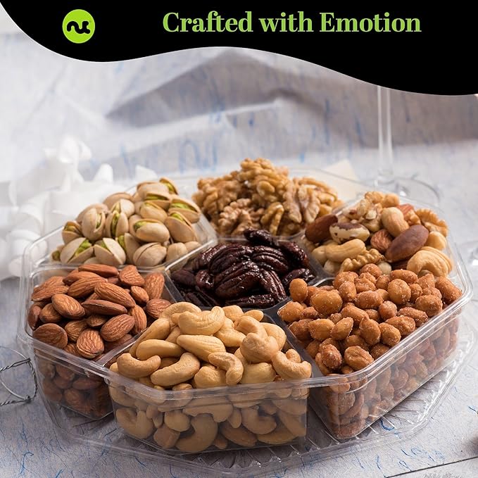 NUT CRAVINGS Gourmet Collection - Christmas Treats Nuts Gift Basket with Happy Holiday Ribbon (7 Assortments) Food Arrangement, Healthy Snack Care Package, Food Assortments
