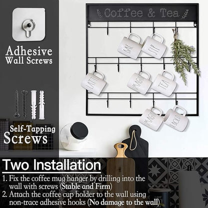 AJART Coffee Bar Decor Mug Holder: 22" Large Square Coffee Cup Rack for Home Kitchen Office Dining Room Cafe Bar