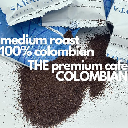 SARASOTA COFFEE & TEA CO. Packets, Pre Ground Coffee Packs, Premium 100Percent Colombian Medium Roast, Bulk Single Pot Bags for Drip Coffee Makers, (2 oz Bags, Pack of 36)