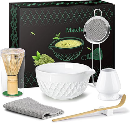 Matcha Whisk Set, 7 Pcs Matcha Kit, Ceramic Matcha Set Includes Matcha Bowl with Spout, Matcha Whisk and Holder, Bamboo Scoop, Scoop Rest, Sifter and Tea Towel (Ceramic White)