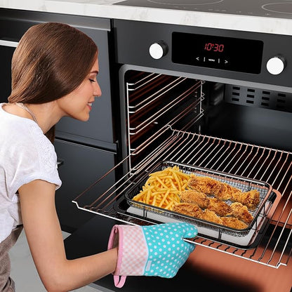 Air Fryer Basket for Oven, OPENICE 15.6" x 11.6" Air Fryer Tray and Pan Set with 30PCS Parchment Papers, Stainless Steel Oven Air Fryer Basket and Tray for Baking Grilling - Black