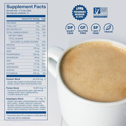 Laird Superfood Non-Dairy Protein Creamer, Sweet & Creamy + Adaptogens, Superfood Creamer with Functional Mushrooms, 12g Protein Per Serving, 8oz Bag