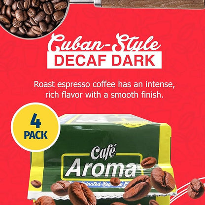 Café Aroma Decaf Dark Roast Espresso Ground Coffee, Authentic Cuban Style Coffee, Vacuum Sealed, 8.8oz, Perfect for Hot and Iced Coffee, 4-Pack