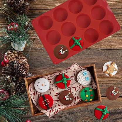 Round Chocolate Cookie Silicone Molds, New Size 12-Cavity Cylinder Chocolate Cover Cookie Silicone Molds for Candy Mini Cakes Jelly Baking (Green Red Blue)