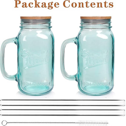 ANOTION Mason Jar with Handle - Colorful Drinking Glasses Colored Glass Cups with Lids and Straws Colored Glasses Drinking Set of 2 Mason Jars Iced Coffee Cups Tumblers Smoothie Water Bottles