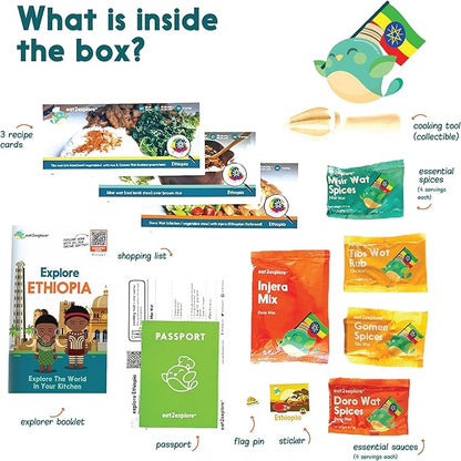 eat2explore Cooking Kits for Kids – Interactive & Educational Kids Cooking Sets Real for Ages 5 and Up,3 Recipe Cards & Global Ingredients – Fun Gift for Young Chefs (Ethiopia Edition)