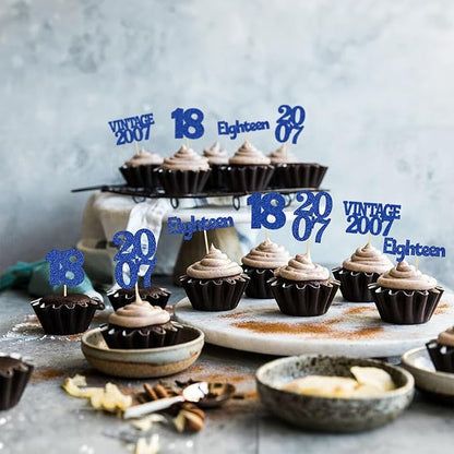 Gyufise 24Pcs 18th Birthday Cupcake Toppers Glitter Eighteen Vintage 2007 Adultish 18 Cupcake Picks Birthday Cake Decorations for Happy 18th Birthday Anniversary Party Supplies Deep Blue