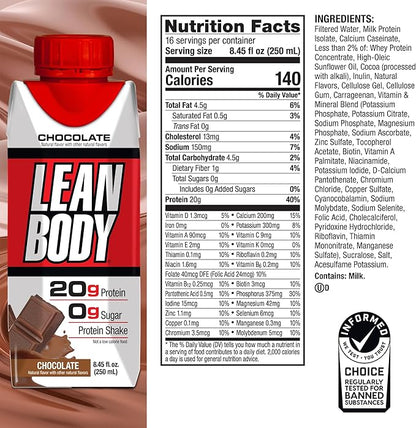 LABRADA NUTRITION - Lean Body RTD Whey Protein Shake, Convenient On-The-Go Meal Replacement Shake for Men & Women, 20 grams of Protein – Zero Sugar, Lactose & Gluten Free, Chocolate (Pack of 16)