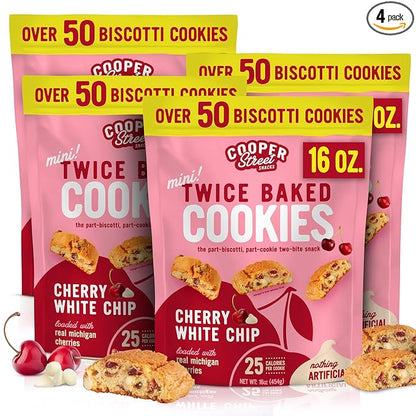 Cooper Street Twice-Baked Cherry White Chip Biscotti Cookies (16 oz Pack of 4) – Over 50 Biscotti Cookies per Bag Loaded with Real Fruit, Traditional Italian Style Snacks - Dairy, Peanut & Soy Free