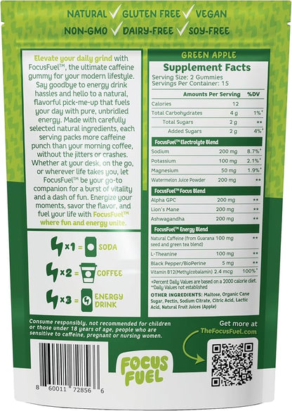 FocusFuel Energy Chews – Green Apple Flavor (15 Servings) – 100mg Caffeine + B12, Magnesium, Alpha GPC – Boost Focus & Energy – No Crash or Jitters