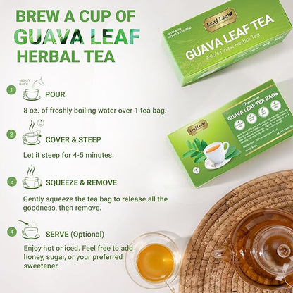 LeafLea Guava Leaf Tea, 40 Individually Wrapped Tea Bags, Made from 100% Natural Guava Leaves (Hojas De Guayaba), Supports Digestion & Wellness, Caffeine-Free, Sugar-Free, Vegan, Non-GMO