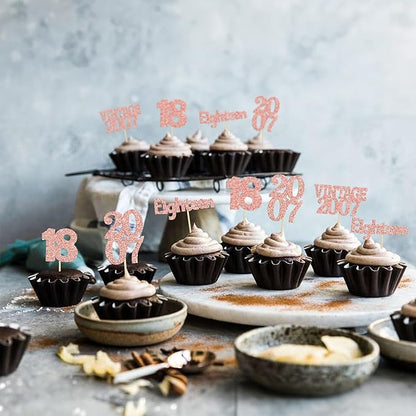 Gyufise 24Pcs 18th Birthday Cupcake Toppers Glitter Eighteen Vintage 2007 Hello 18 Years Birthday Cupcake Picks Adultish 18 Cake Decoration for Happy 18th Birthday Anniversary Party Supplies Rose Gold