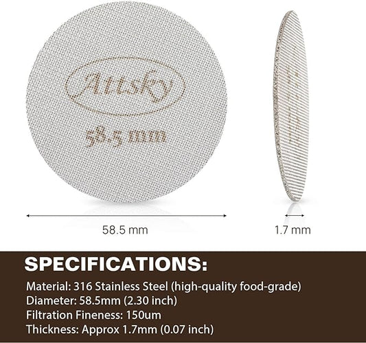 58.5mm Espresso Puck Screen, Espresso Filter for 58mm Portafilter Filter Basket, Reusable Espresso Screen with 1.7mm Thickness 150μm 316 Stainless Steel