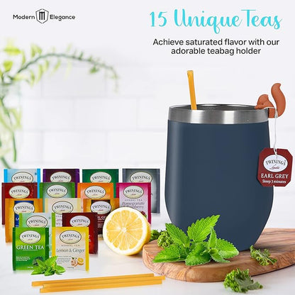 Tea Gifts for Women – Sampler Gift Basket with 15 Unique Blends, Honey Sticks, Stainless Tumbler & Gift-Ready Box (Blue/Blue box)