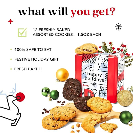 David’s Cookies Happy Holidays Assorted Cookies Gift Tin – 1lb Soft and Gourmet Christmas Cookies Tin – Freshly Baked Holiday Cookies Gift Basket - All Natural and Handmade Christmas Cookies