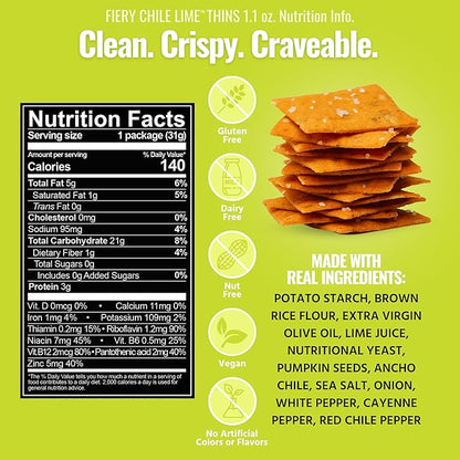 Every Body Eat Snack Thins, Gluten & Dairy Free, Vegan, School Safe Lunch Snacks, Fiery Chile Lime (20 Single Serve Bags, 1.1oz)
