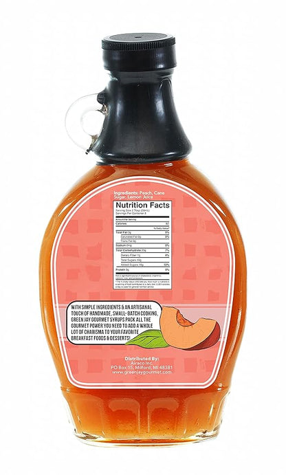 Green Jay Gourmet Peach Syrup - 3 Ingredient Premium Breakfast Syrup with Fresh Peaches, Cane Sugar & Lemon Juice - All-Natural, Non-GMO Pancake Syrup, Waffle Syrup & Dessert Syrup - 8 Ounces