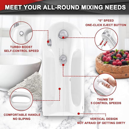 Lord Eagle Hand Mixer Electric 400W, 5 Speed handheld Mixer, 5 Stainless Steel Accessories for Baking Cake Egg Cream Food Beater, Turbo Boost/Self-Control Speed + Eject Button