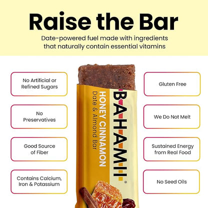 Bahamii Snack Bars, Made with Dates & Nuts, Healthy Snacks, Gluten Free, Good Source of Fiber, Only 7 Ingredients, For Kids & Adults, No Artificial Sweeteners, Dairy Free, 12 Pack, Honey Cinnamon