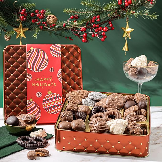 Christmas Chocolate Gift Basket– Holiday Candy Gift Box with Assorted Milk, Dark & White Chocolates – Holiday Food Gift Idea for Men, Women, Family, Corporate- Bonnie & Pop