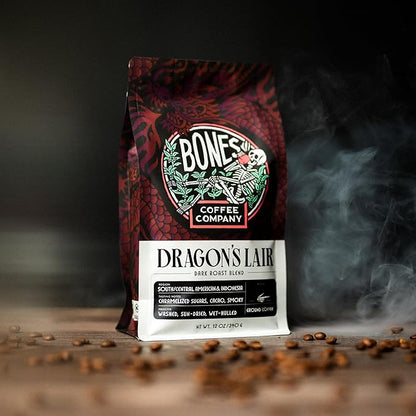 Bones Coffee Company Dragon's Lair, Smokey, Cacao and Caramelized Sugar Notes, Unflavored Coffee, Medium Roast Low Acid Arabica Beans Compatible with Auto drip and French Press Coffee Maker, 12 Oz Whole Bean