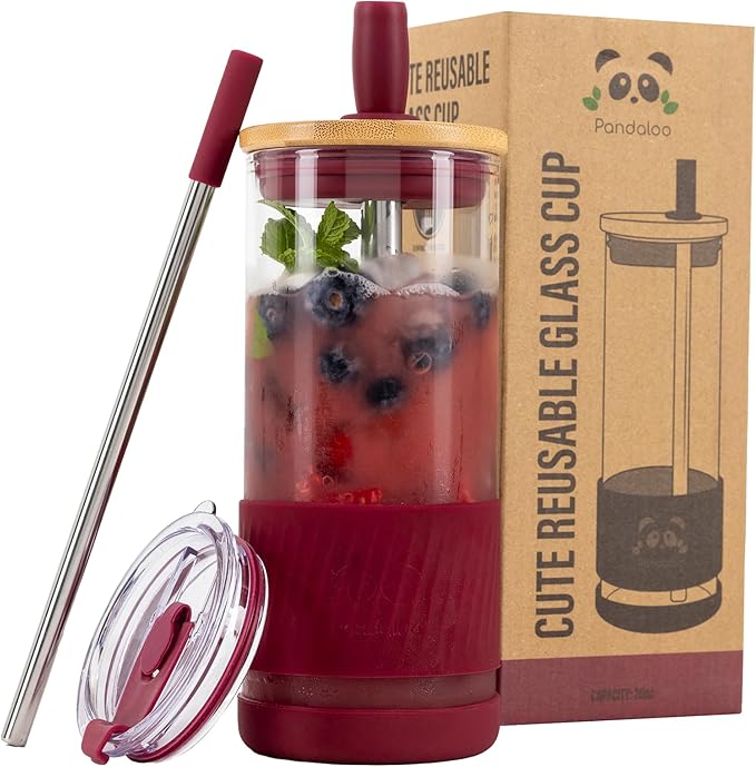 Pandaloo® Glass Cups With Lids and Straws -20 Fl Oz- Perfect Size Iced Coffee Cup - Smoothie Cup With Bamboo Lid and On the go Lid - Glass Tumbler With Straw (1 Count (Pack of 1), Boysenberry)