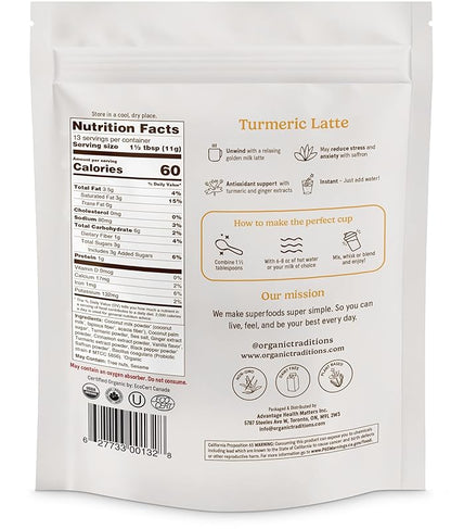 Organic Traditions Turmeric Latte – Creamy Coconut Milk Base – Saffron & Turmeric Blend – Easy to Mix – Sweetened with Coconut Palm Sugar – 1 Billion Probiotics per Serving - 150g/5.3oz Bag