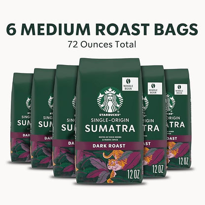 Starbucks Whole Bean Coffee, Dark Roast Coffee, Sumatra, 100% Arabica, 6 bags (12 oz each)