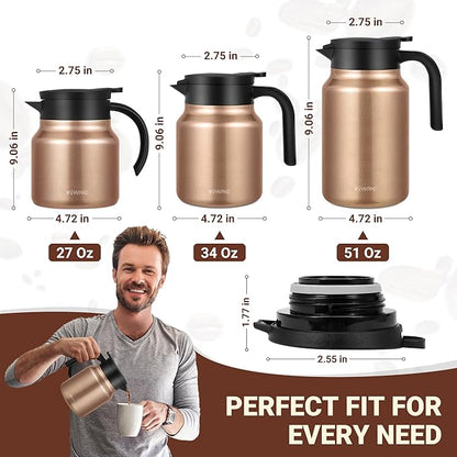 51Oz Thermal Coffee Carafes For Keeping Hot/Cold, Stainless Steel Coffee Carafe, Dustproof Insulated Water Carafe for Party/Home, Copper