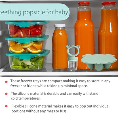 Silicone Baby Food Freezer Tray with Teething Popsicle Molds - Baby Fruit Feeder and Breastmilk Teether Combo