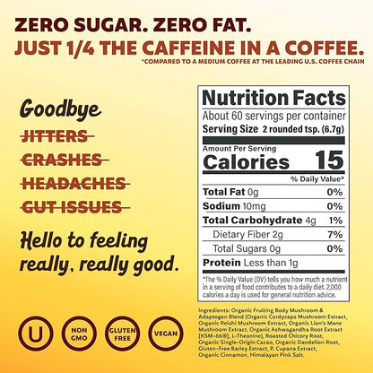 Joe'y Mushroom Coffee Alternative with Cacao and Dandelion Root, Chicory Coffee Substitute with Adaptogenic Superfoods, Vegan Gluten-Free Drink for Focus and Clean Energy without Jitters, 60 Servings