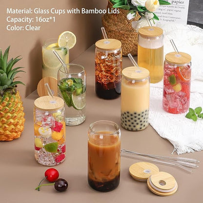 Glass Cups with Lids and Straws, 16oz Drinking Glasses, Iced Coffee Cups, Glass Tumbler with Lid, Great for Soda Boba Tea Cocktai (1 PACK)