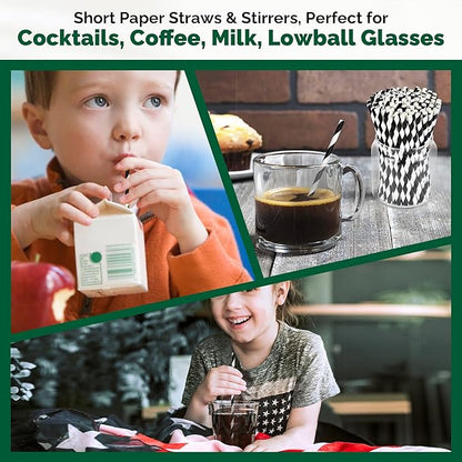 [500 Counts] Chunspak 5.75 inch Eco-friendly Disposable Short Paper Drinking Straws Bulk for Cocktail, Mixed Drinks - Black White Striped